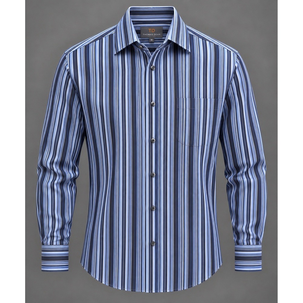 Thomas Dean Men's Medium Blue Navy Striped Long Sleeve Button Up Shirt NWOT